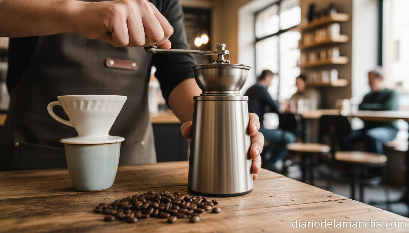 Molinillo de café manual de acero inoxidable sobre mesa de madera con granos recién tostados