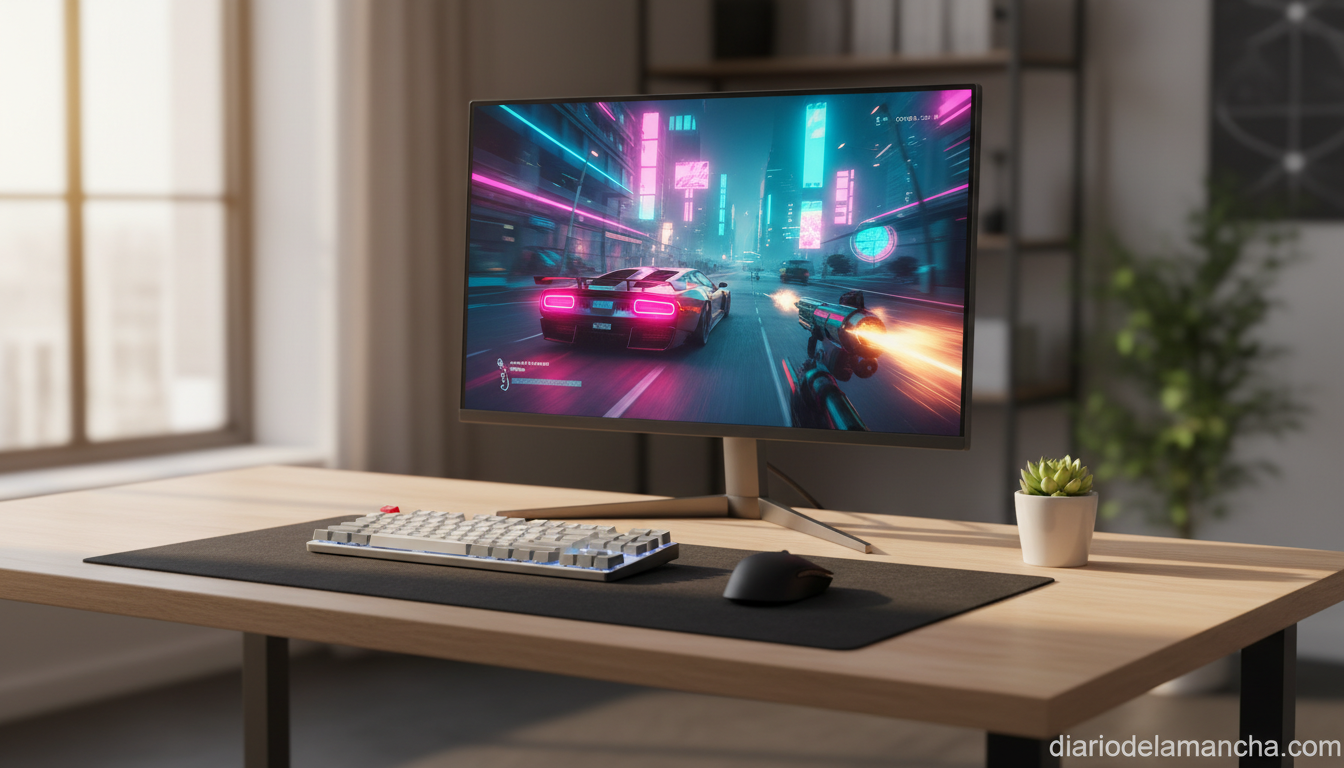 Monitor gaming de 24 pulgadas MSI sobre escritorio con teclado mecanico y raton