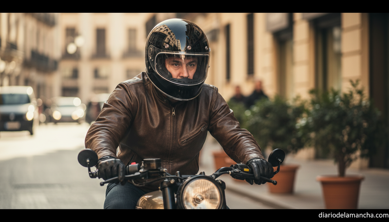 Motorista urbano con casco integral negro en una calle española