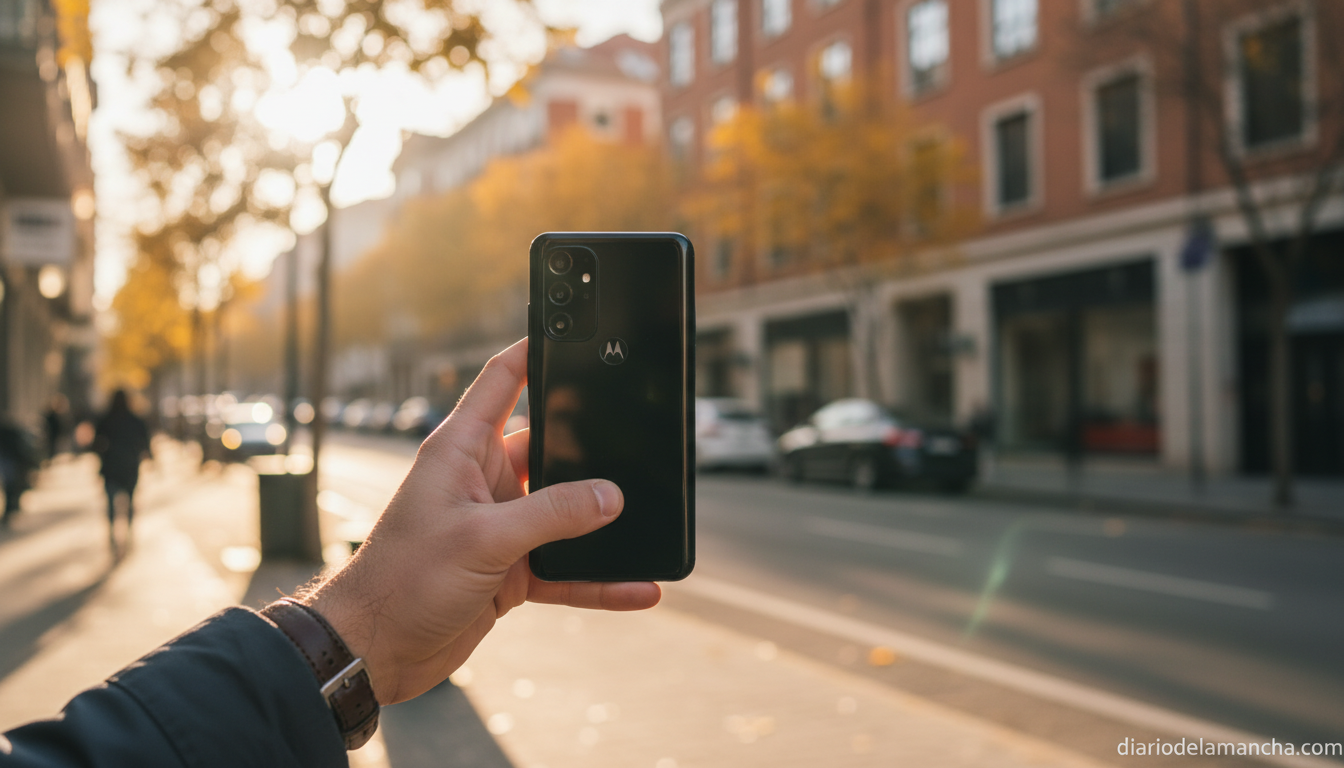 Mano sosteniendo un Motorola Moto G15 haciendo una foto en la calle al atardecer