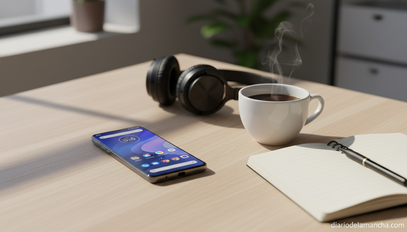 Motorola Moto G15 sobre una mesa de trabajo con cuaderno y taza de cafe