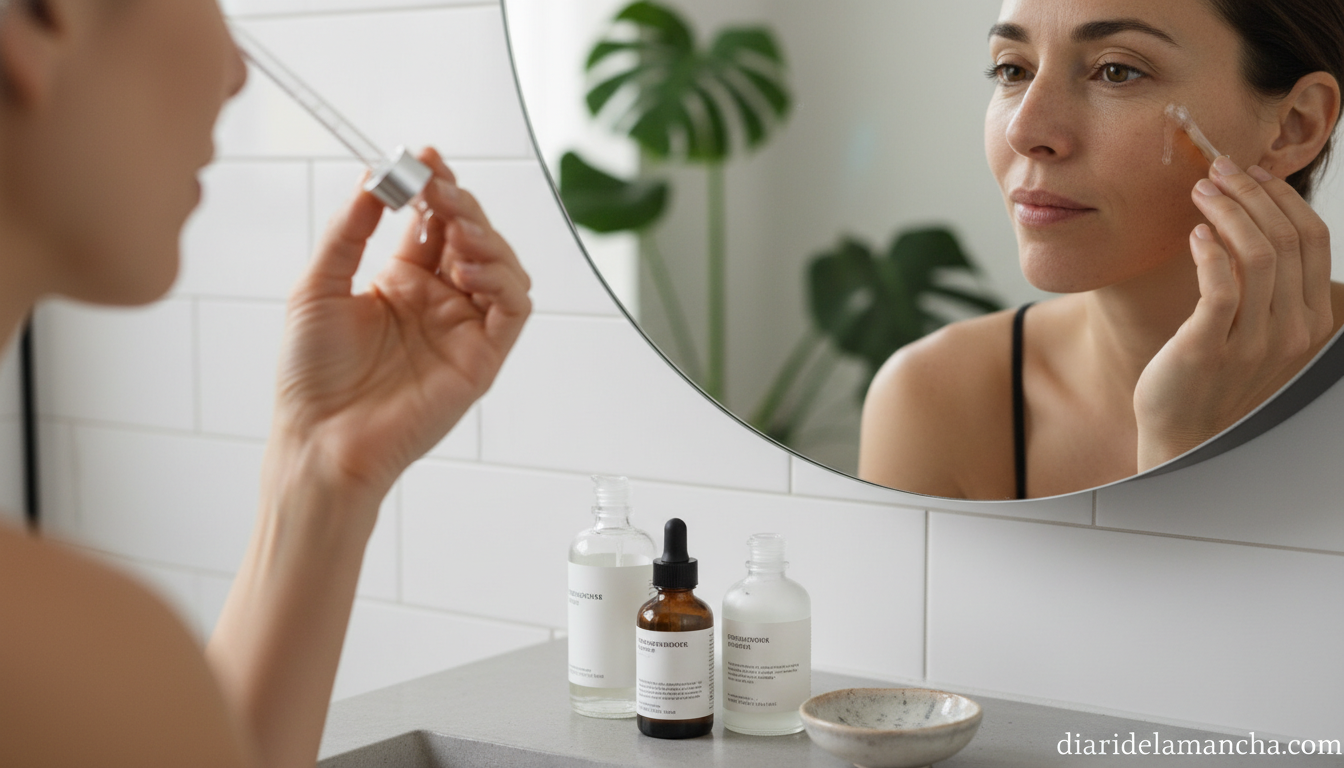 Mujer aplicando sérum antimanchas con gotero frente al espejo del baño