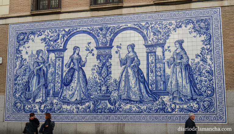 Mural cerámico talaverano en pared exterior edificio urbano, azulejos de Talavera de la Reina en colores azul y blanco con...