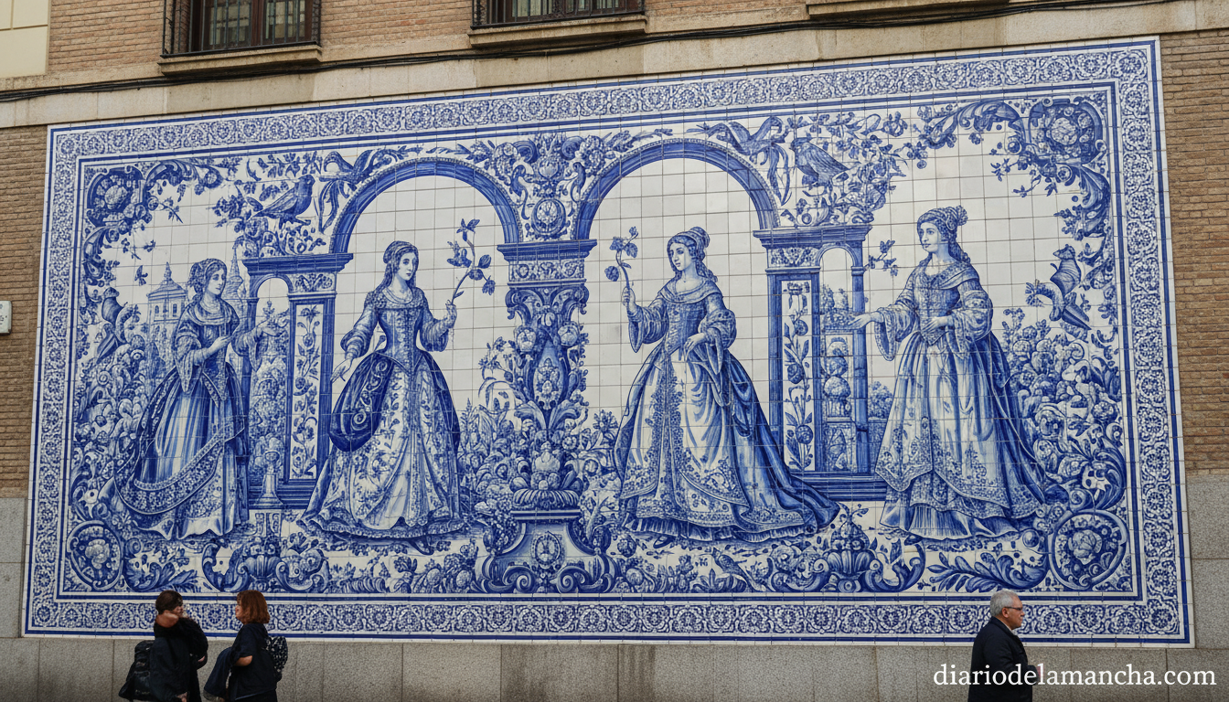 Mural cerámico talaverano en pared exterior edificio urbano, azulejos de Talavera de la Reina en colores azul y blanco con...