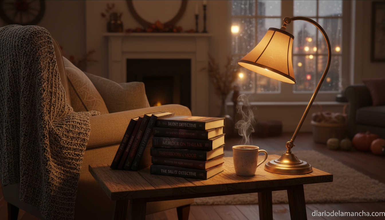 Pila de novelas de suspense forense junto a una taza de cafe en un salon acogedor