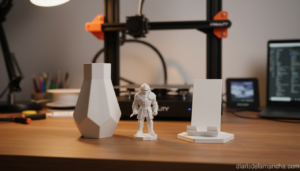 Objetos impresos en 3D con la Creality Ender 3 V3 SE: jarrón geométrico, figura y soporte de móvil sobre un escritorio