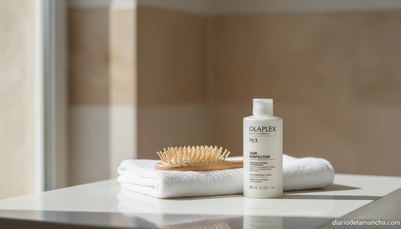 Tratamiento Olaplex No 3 Hair Perfector sobre encimera de baño con cepillo y toalla