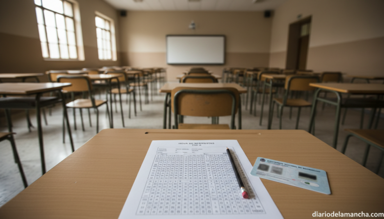 Examen tipo test con plántilla de respuestas y bolígrafo en un aula de pruebas selectivas