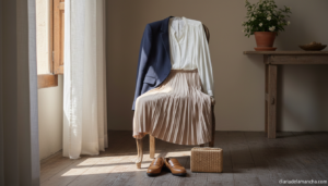 Conjunto elegante de Semana Santa: blazer azul marino, blusa blanca y falda midi