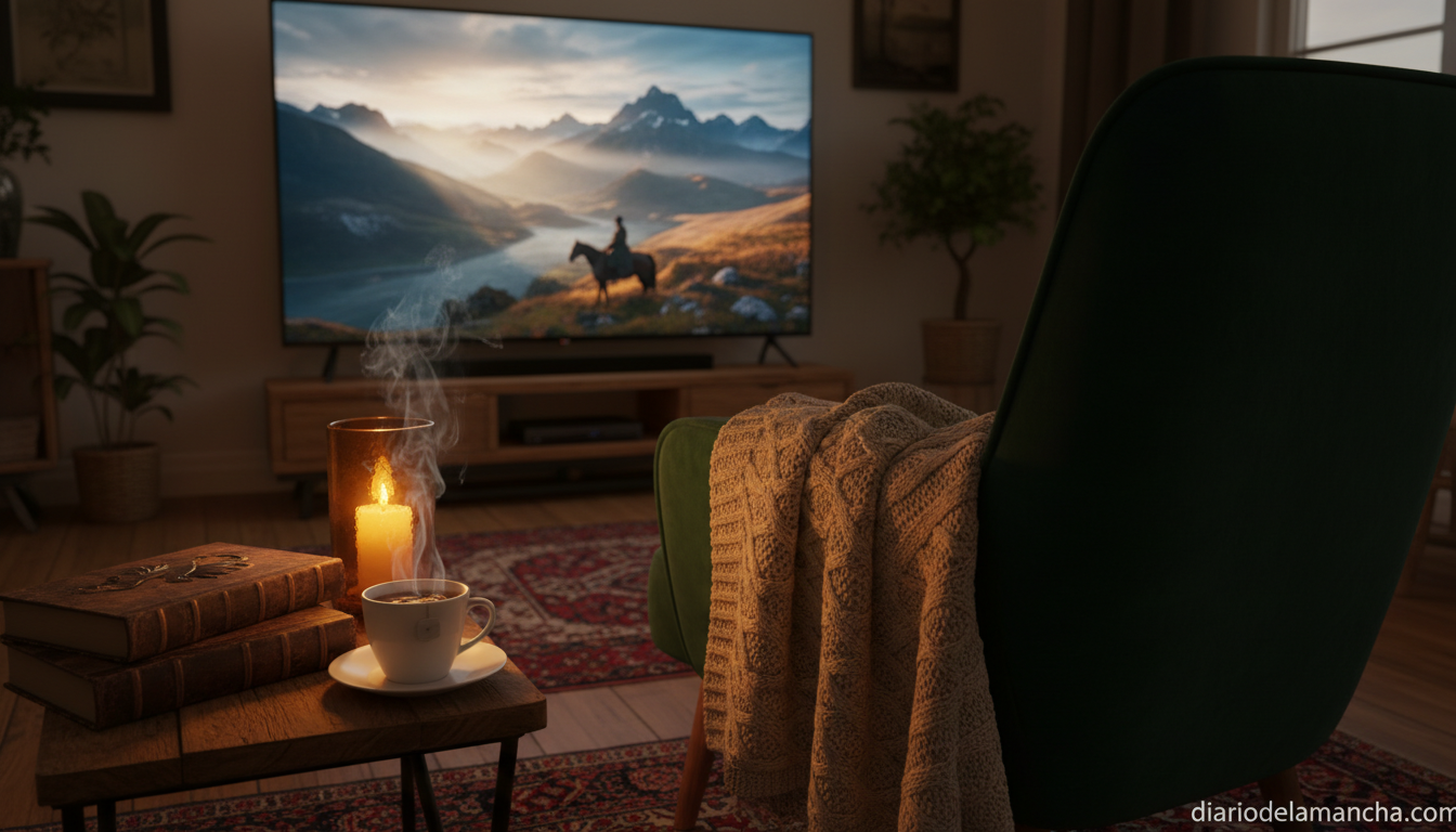 Salón acogedor con televisión mostrando paisajes de Escocia y novelas de Outlander de Diana Gabaldon