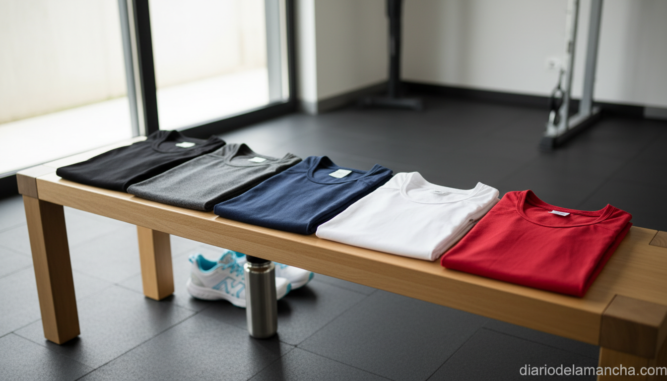 Pack de cinco camisetas deportivas sin mangas dobladas sobre banco de gimnasio