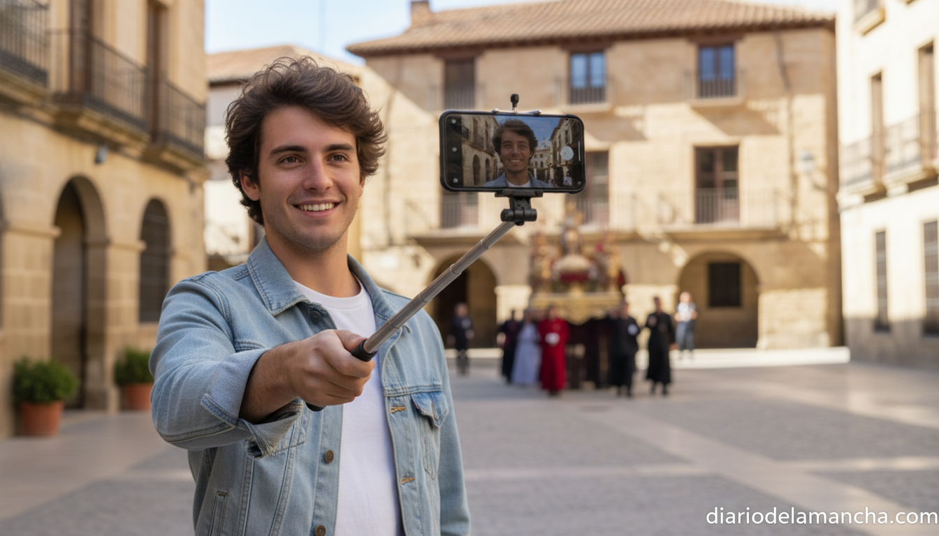 Viajero usando un palo selfie con su móvil para fotografías de Semana Santa