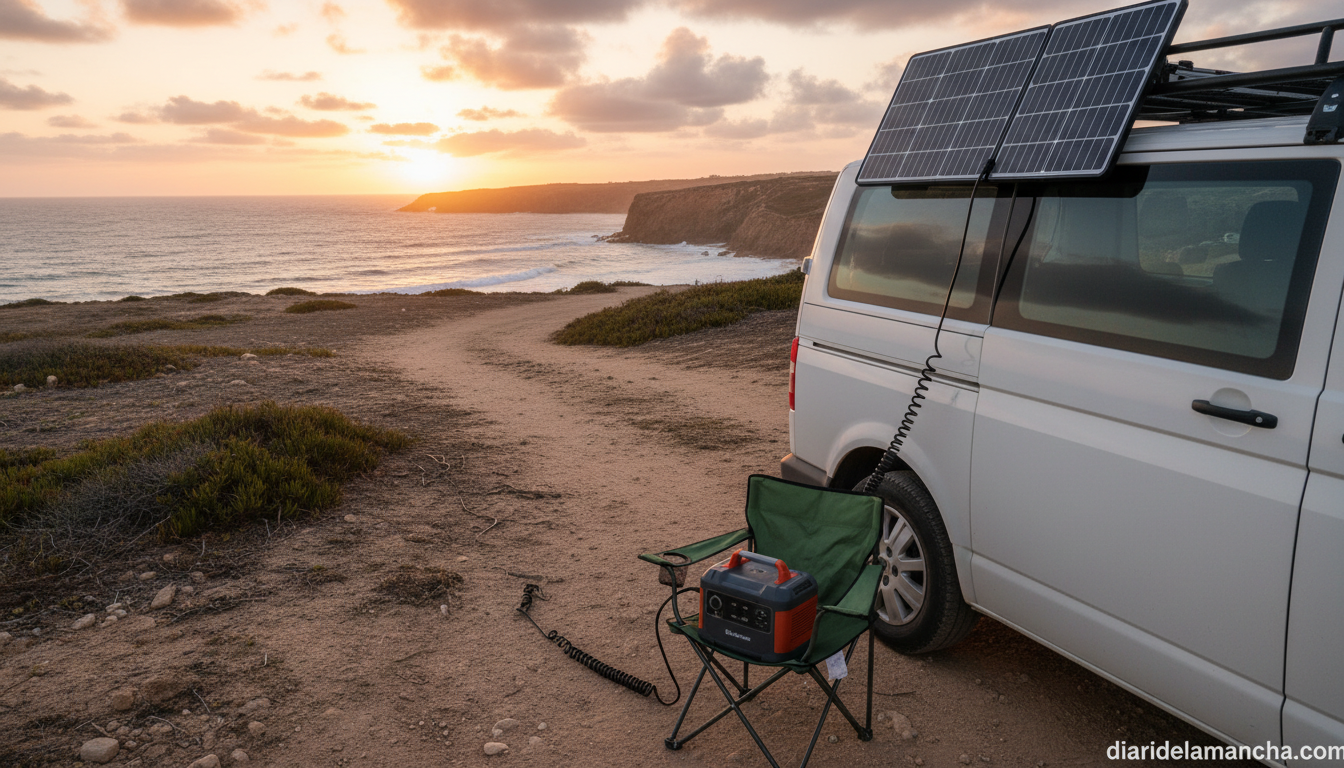 Panel solar portátil sobre el techo de una furgoneta camper conectado a una power station al atardecer