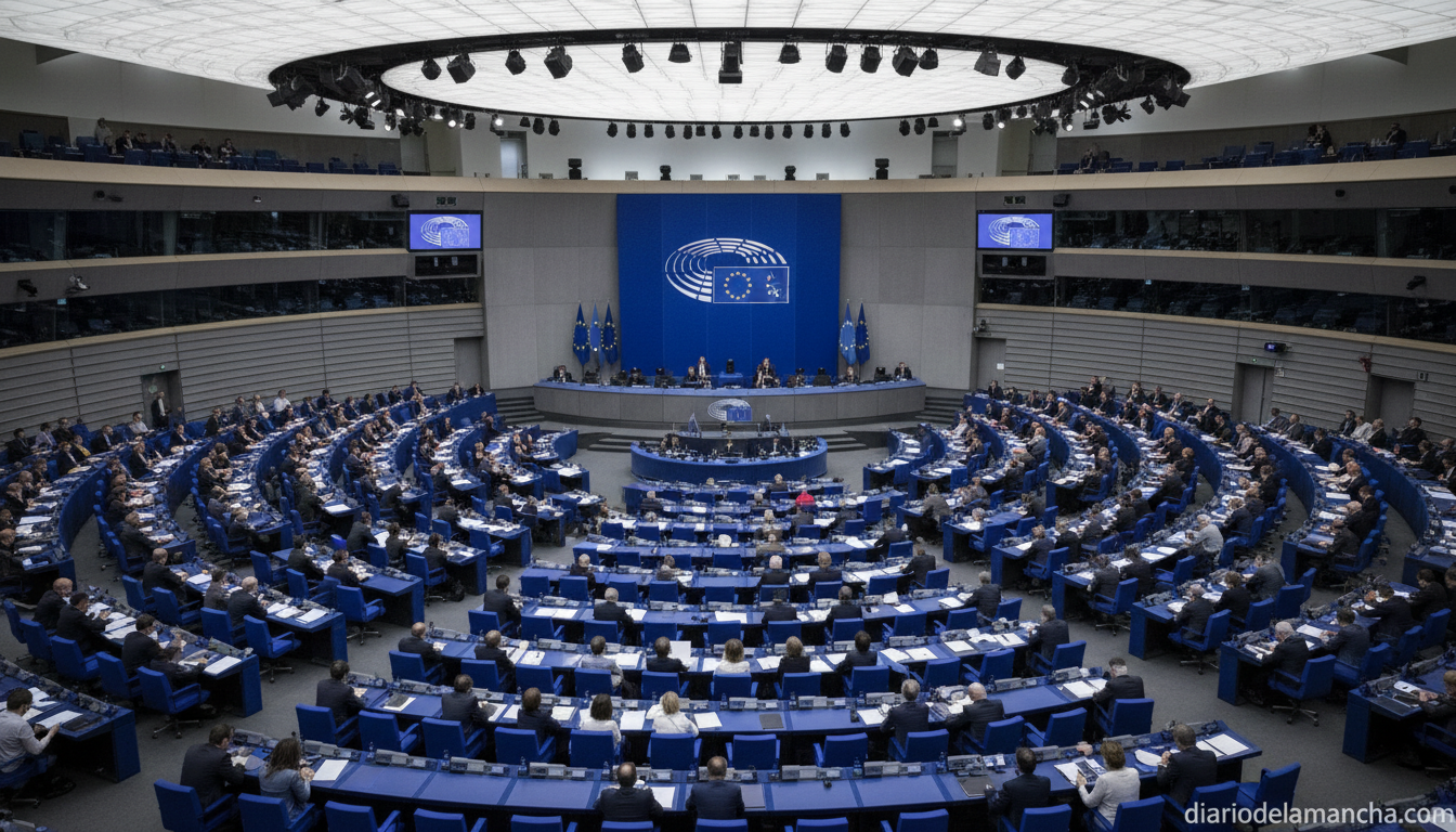 Hemiciclo del Parlamento Europeo durante una sesión extraordinaria con eurodiputados en sus escaños y la bandera de la Unión Europea al fondo
