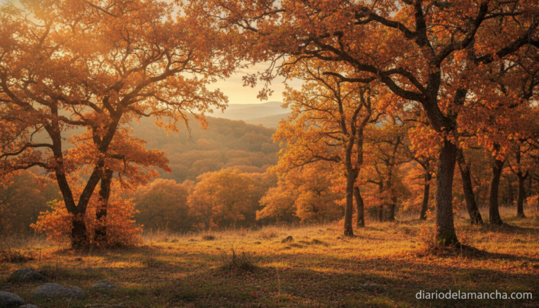 Bosque mediterráneo del Parque Nacional de Cabañeros al atardecer en otoño