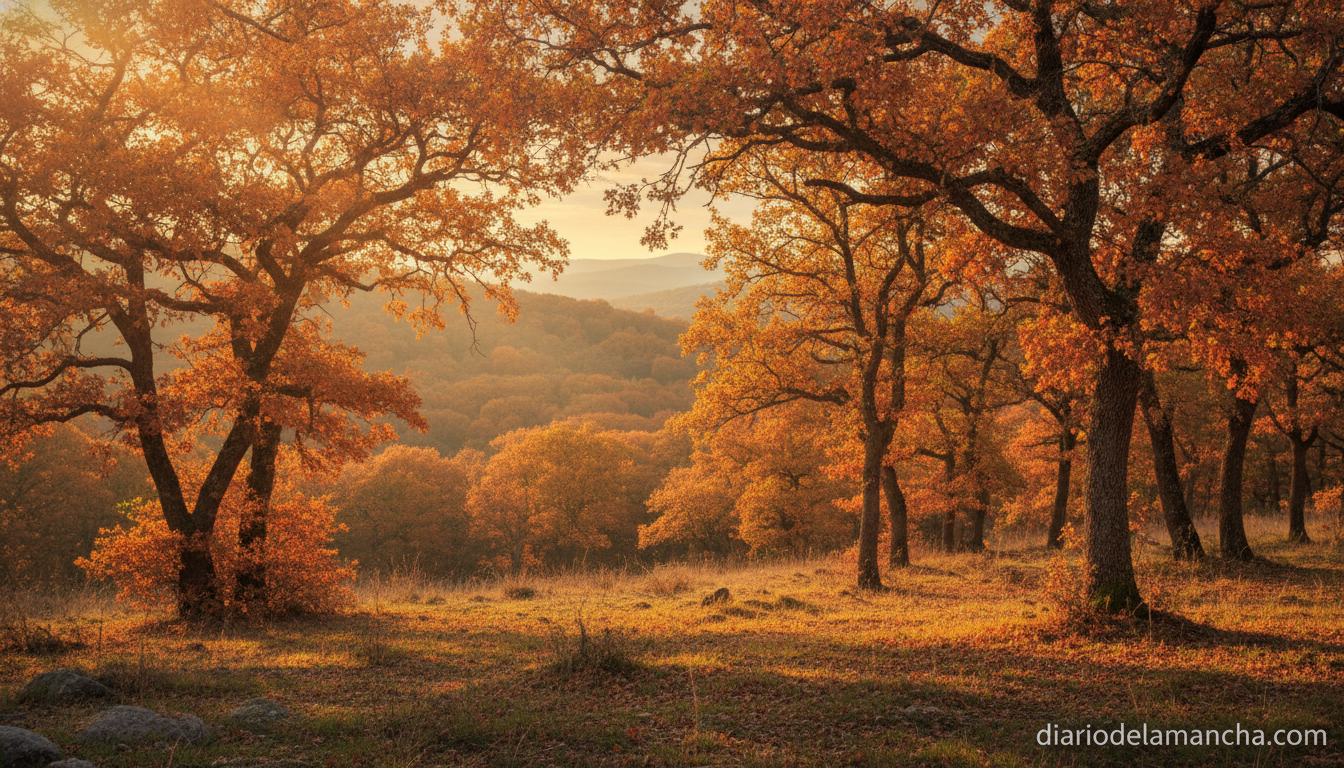 Bosque mediterráneo del Parque Nacional de Cabañeros al atardecer en otoño