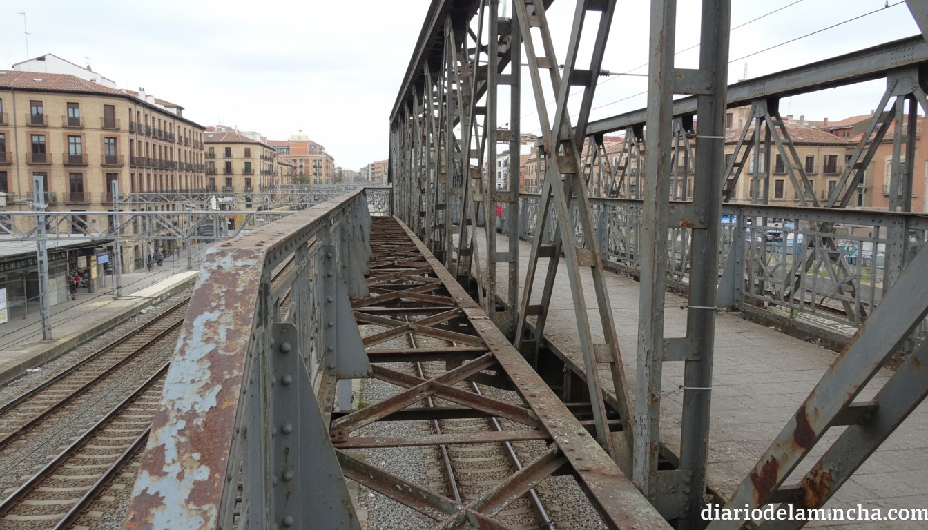 Pasarela peatonal de estación de tren en ciudad española, infraestructura ferroviaria, deterioro visible en estructura met...