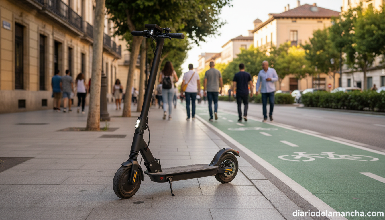 Patinete eléctrico plegado en acera urbana junto a carril bici