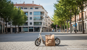 Patinete scooter plegable de aluminio aparcado en una calle urbana iluminada