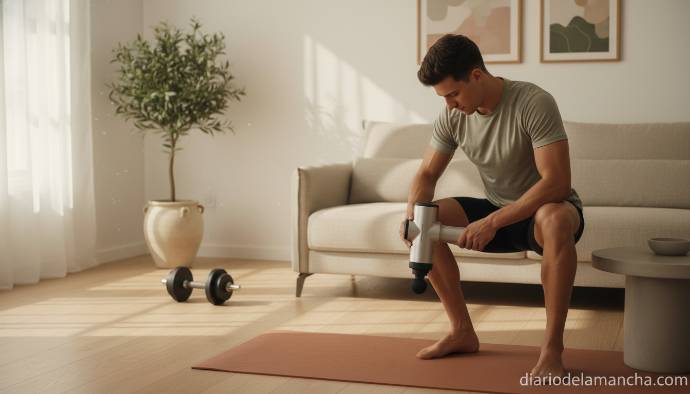 Persona usando pistola de masaje percusión en pierna tras entrenamiento