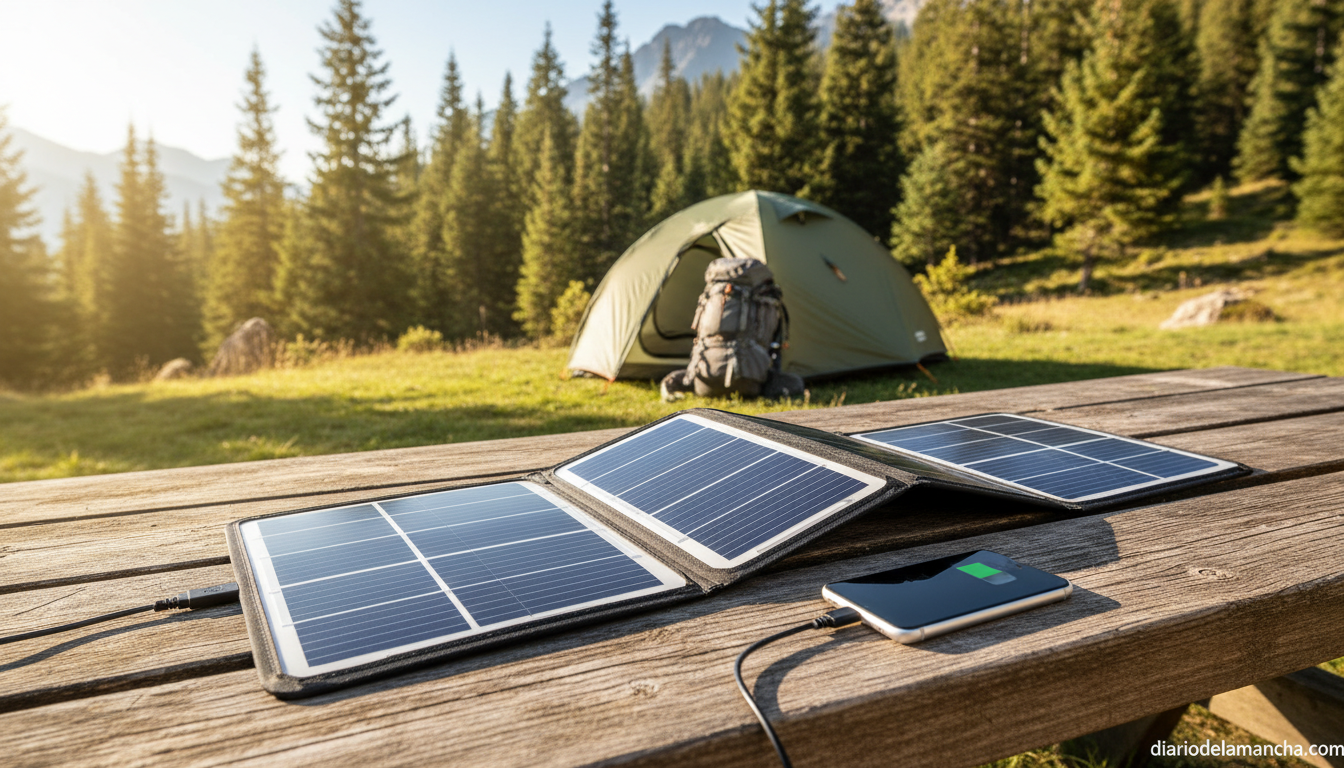 Placa solar portátil plegable cargando un móvil en una mesa de camping en la montaña