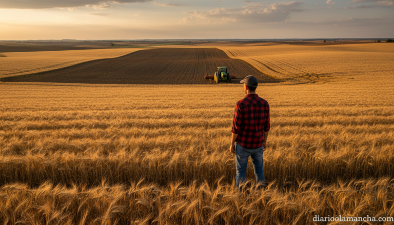 Joven agricultor de espaldas observando un campo manchego con tractor al atardecer