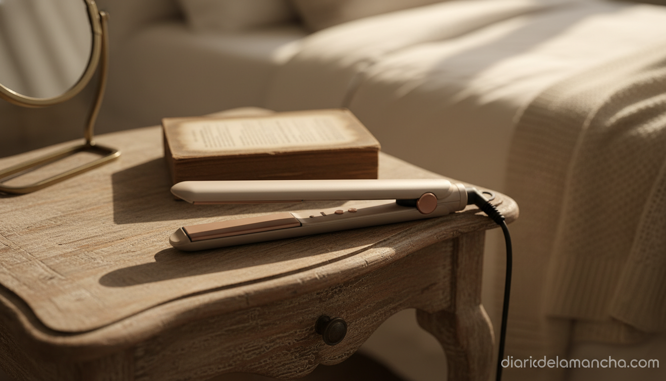 Plancha Dyson Corrale inalambrica sobre tocador de madera en dormitorio