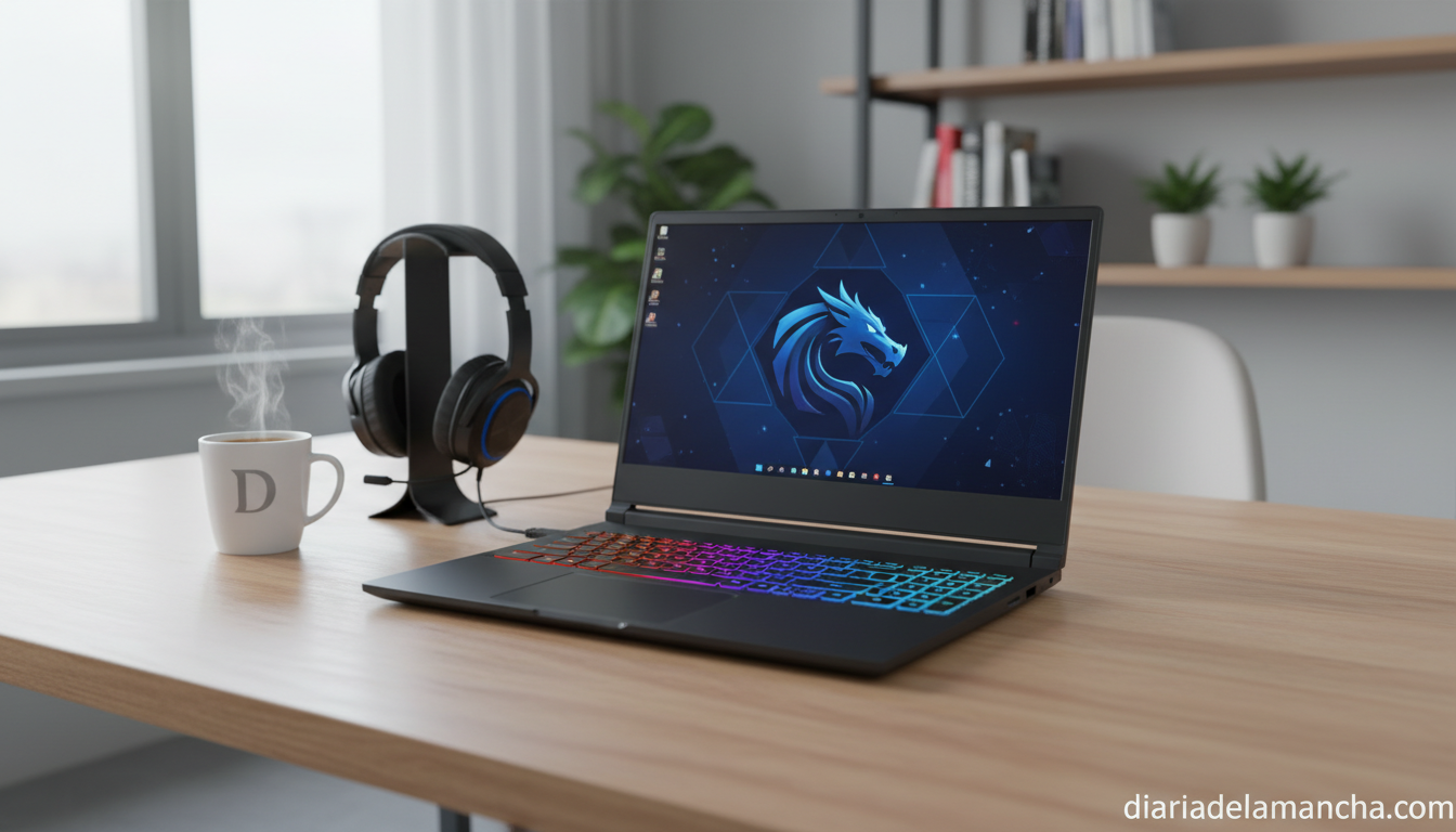 Portátil gaming sobre escritorio de madera con teclado RGB encendido