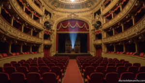 Auditorio del Teatro Circo de Albacete con haz de proyector durante el preestreno del documental sobre María Isbert