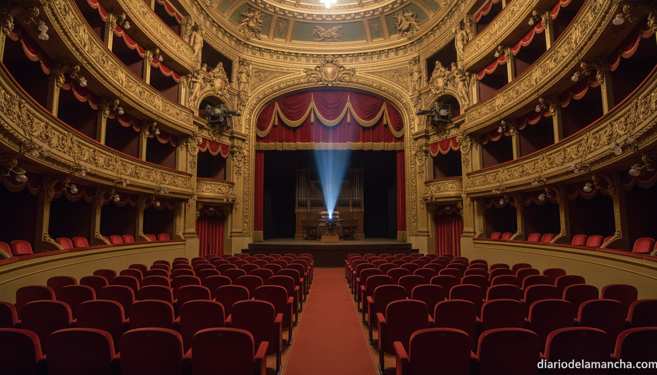 Auditorio del Teatro Circo de Albacete con haz de proyector durante el preestreno del documental sobre María Isbert