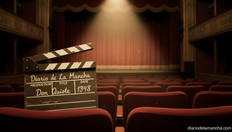 Claqueta de cine vintage sobre butacas de teatro con foco en el escenario