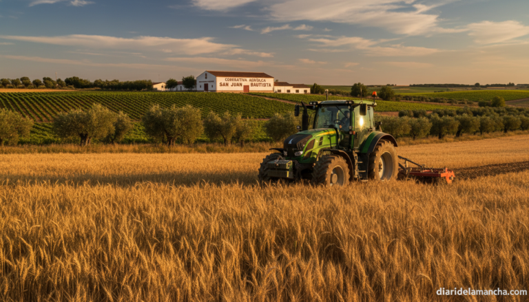 Tractor verde y campos de trigo de una cooperativa agroalimentaria de Castilla-La Mancha al atardecer
