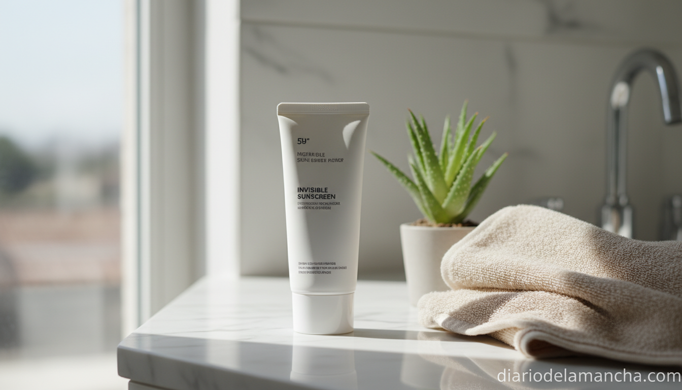 Protector solar coreano invisible sobre encimera de baño junto a planta de aloe vera