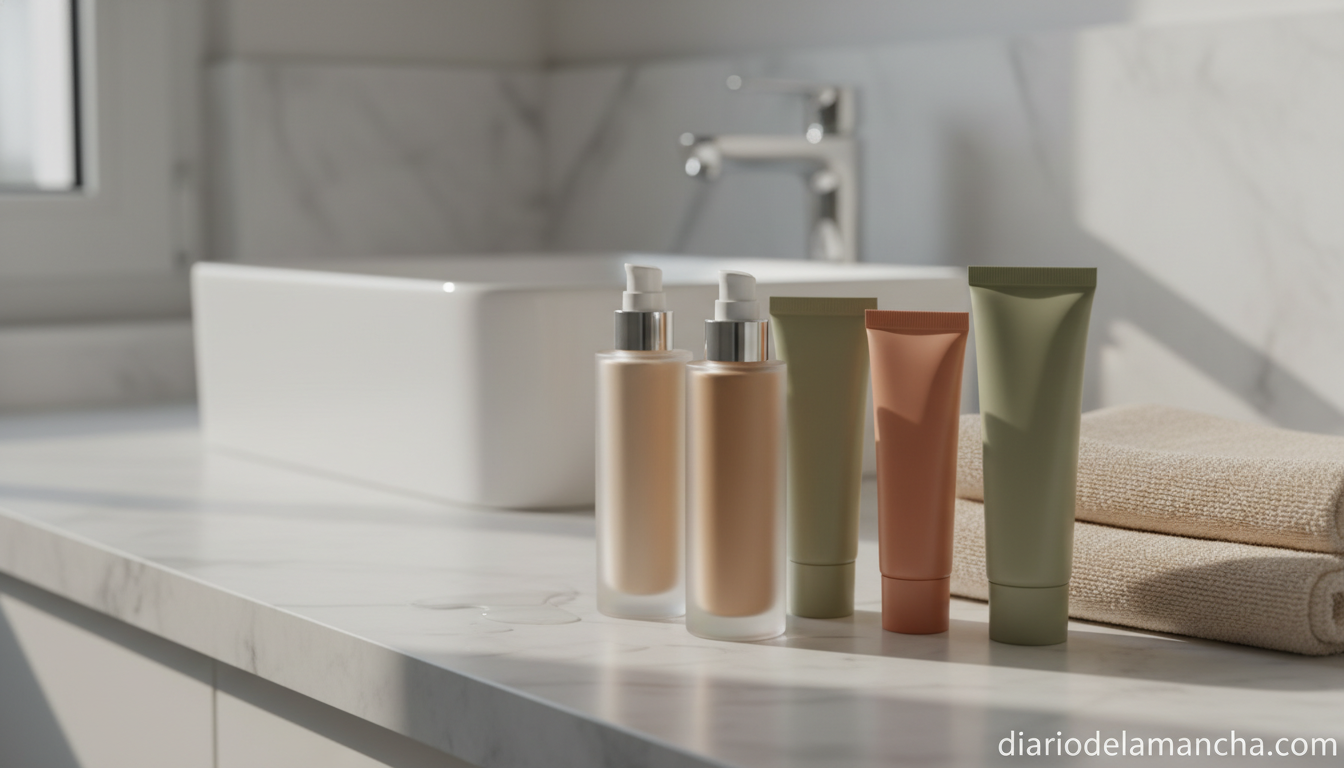 Selección de protectores solares faciales con color sobre encimera de mármol