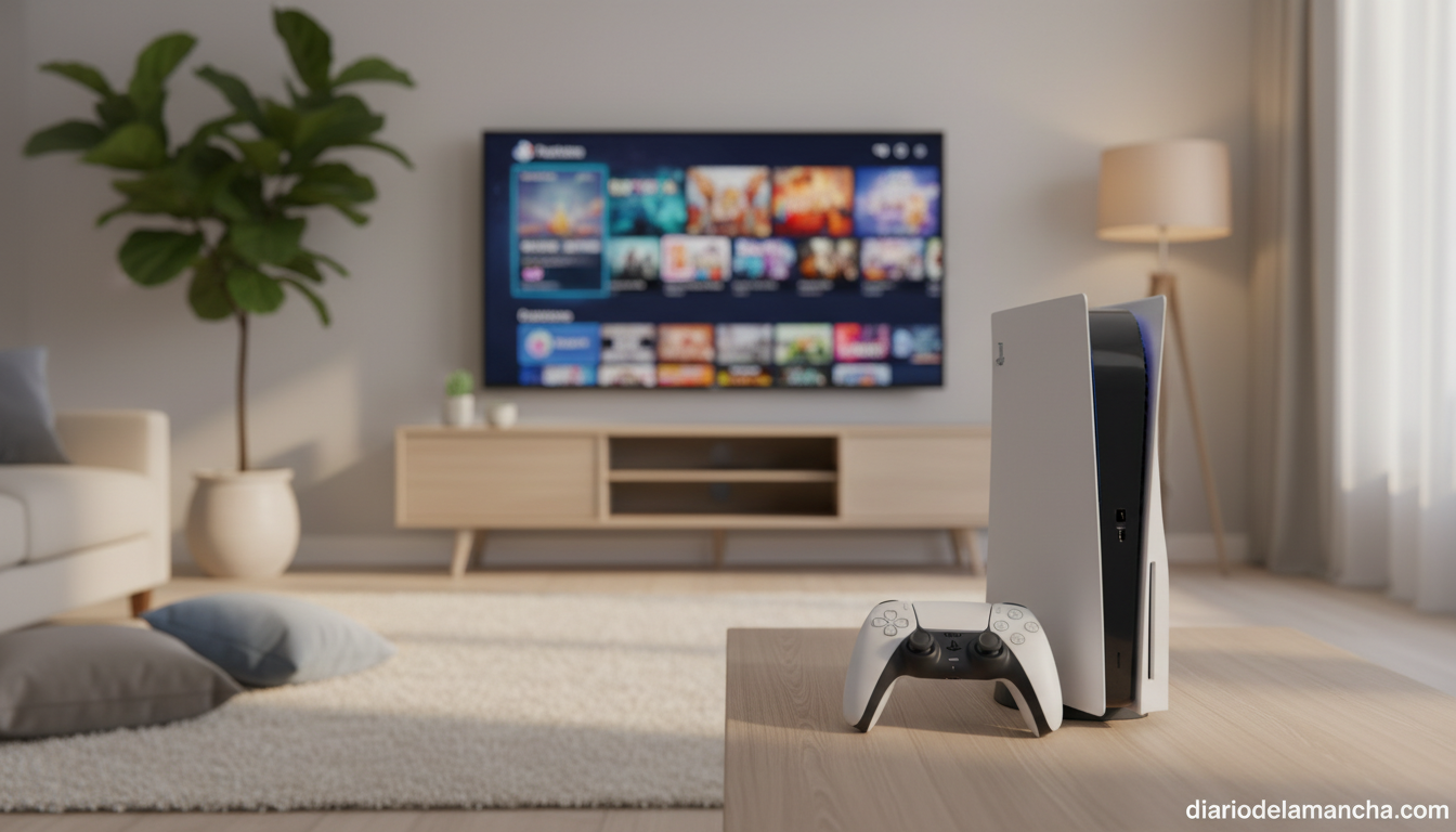 PlayStation 5 Slim Digital con mando DualSense en un salon moderno