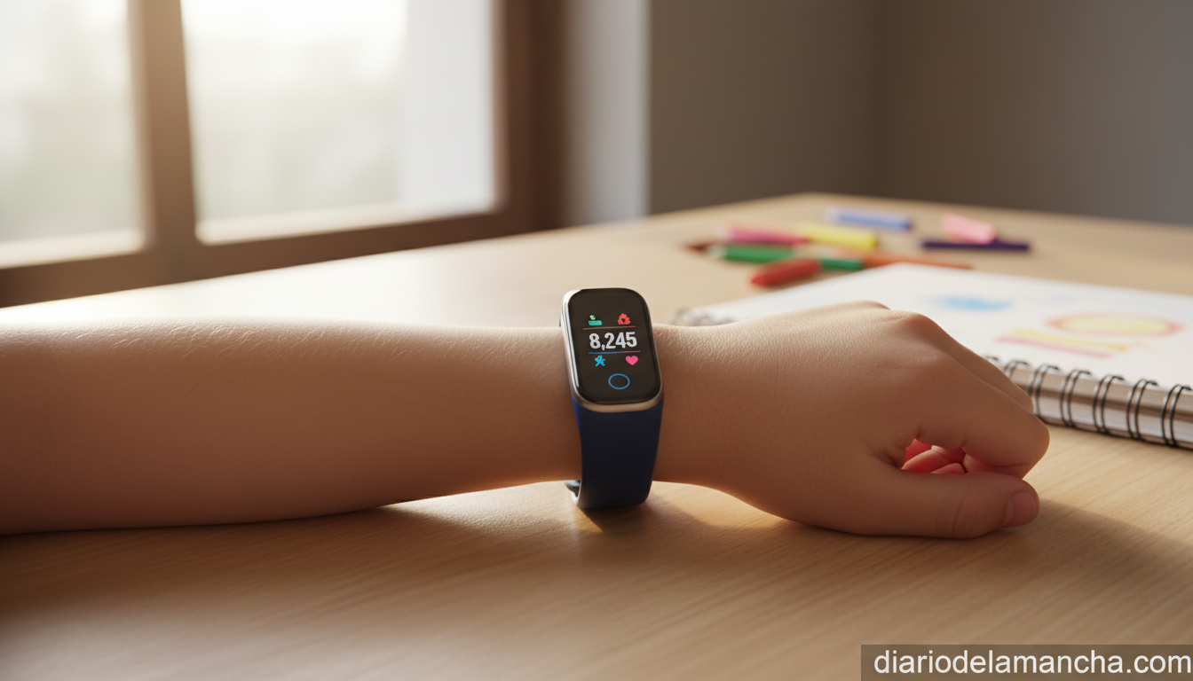 Detalle de la pantalla de una pulsera inteligente para niños mostrando pasos y actividad
