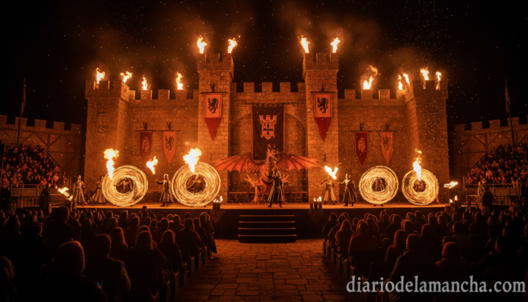 Parque temático medieval en Castilla La Mancha, espectáculo nocturno con fuego y escenografía histórica, puesta en escena ...