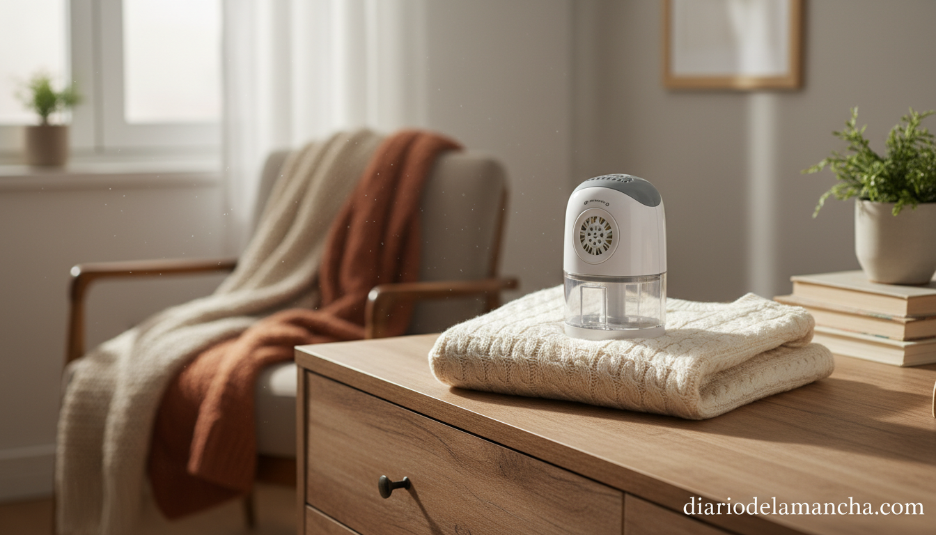 Quitapelusas eléctrico sobre jersey de lana en dormitorio