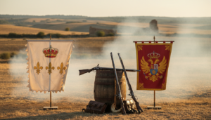 Editorial photograph of a historical reenactment scene: vintage Bourbon and Habsburg flags from 1707 unfurled over a sun-d...