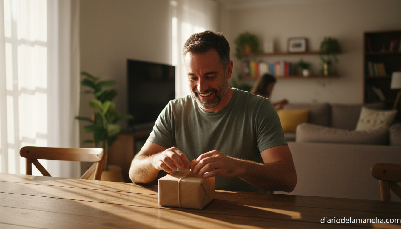 Padre desempaquetando un regalo del Dia del Padre en casa