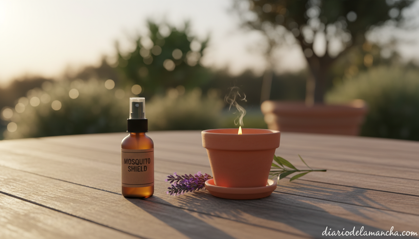 Repelente de mosquitos junto a vela de citronela en una mesa de terraza en primavera