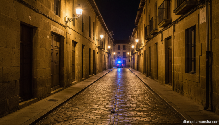Calle de Guadalajara de noche con luces de emergencia desenfocadas al fondo