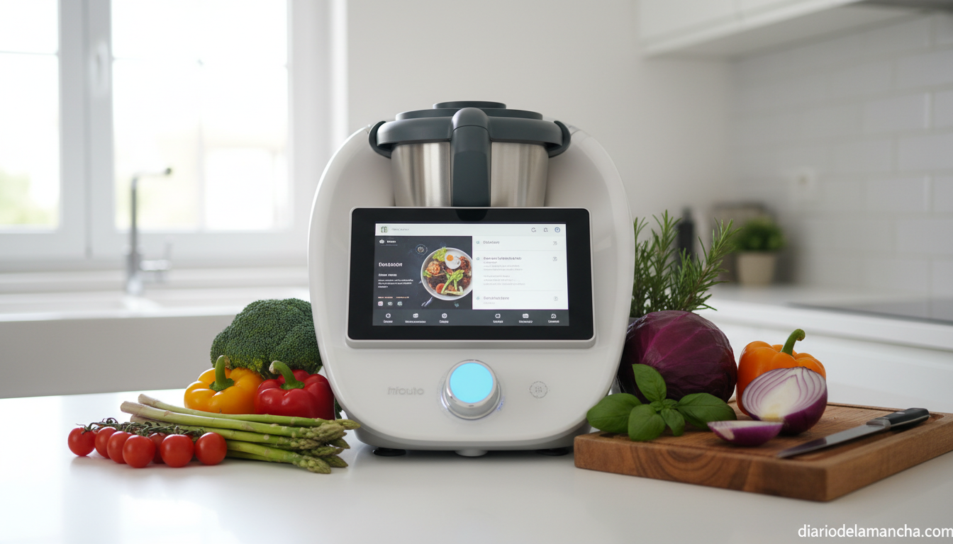 Robot de cocina multifunción con pantalla táctil sobre encimera con verduras frescas