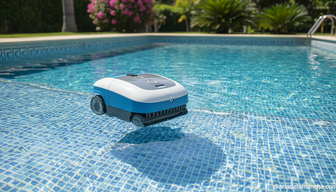 Robot limpiafondos inalámbrico aspirando el suelo de una piscina residencial en verano