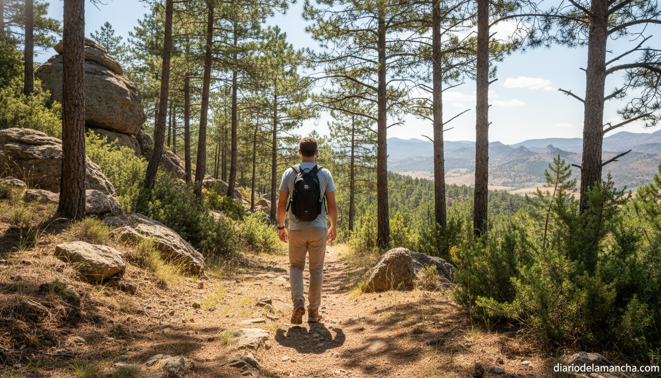 Senderista con ropa técnica deportiva en una ruta de montaña en Castilla-La Mancha