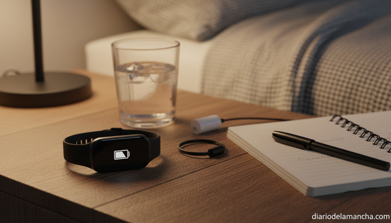 Samsung Galaxy Fit3 cargando en la mesilla de noche con su cable magnético