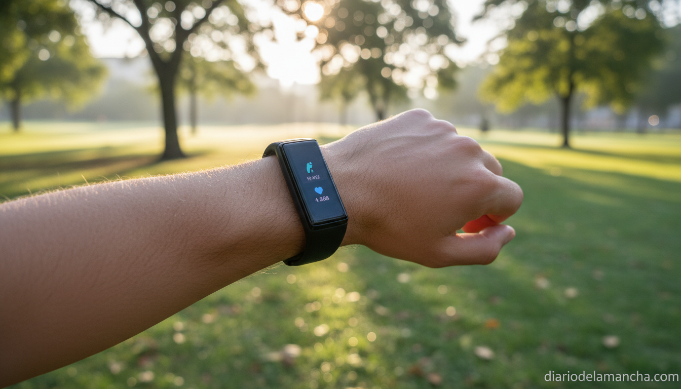 Samsung Galaxy Fit3 en la muñeca de un corredor durante el entrenamiento matutino