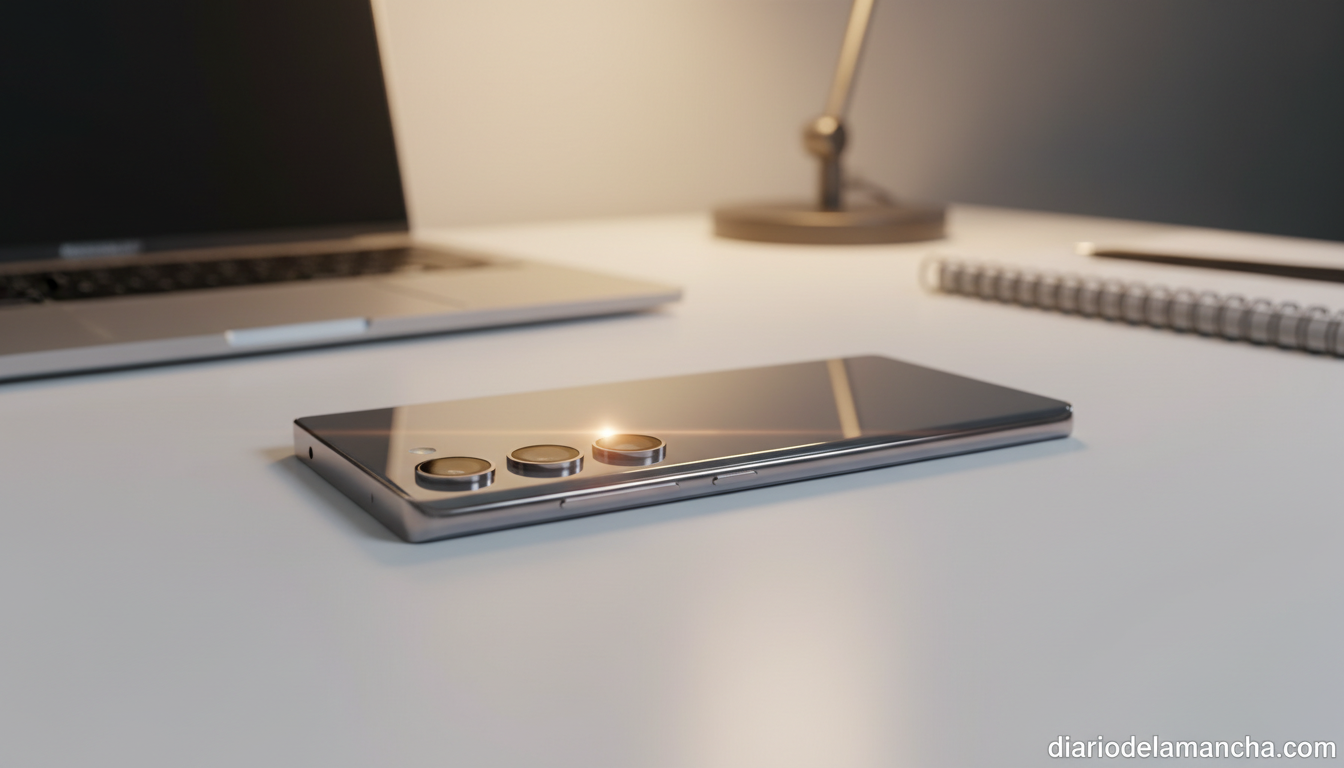 Samsung Galaxy S26 Ultra sobre escritorio nocturno con su modulo de camara triple