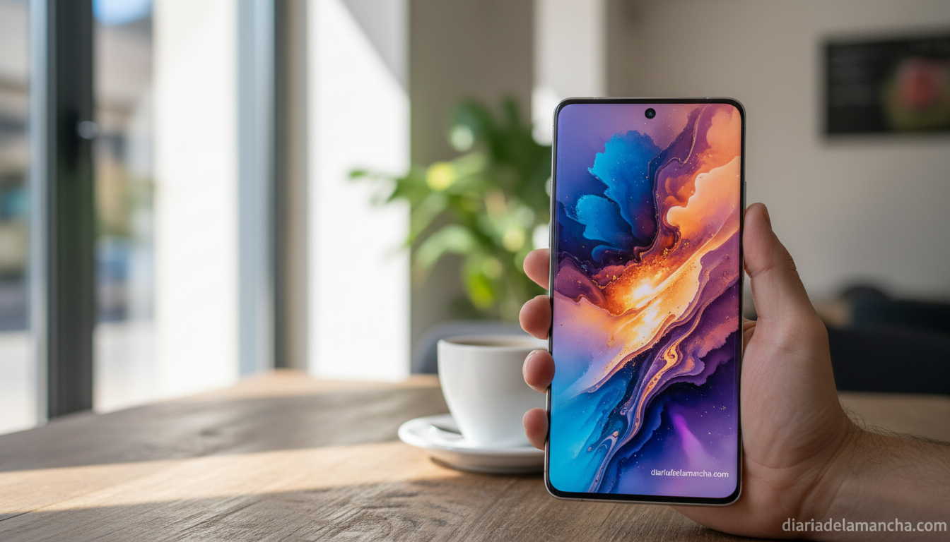 Samsung Galaxy S26 Ultra en mano sobre mesa de cafe con luz natural