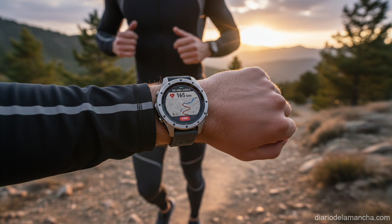 Smartwatch deportivo Samsung Galaxy Watch Ultra 2025 en muñeca durante carrera de montaña con datos de rendimiento